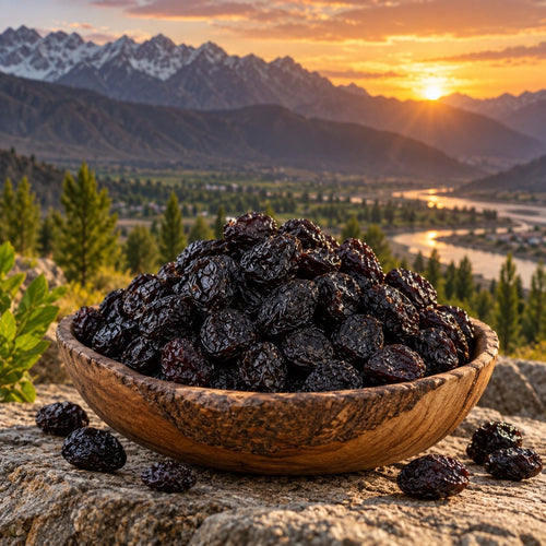 Sun-dried Hunza cherries in a wooden bowl at sunset