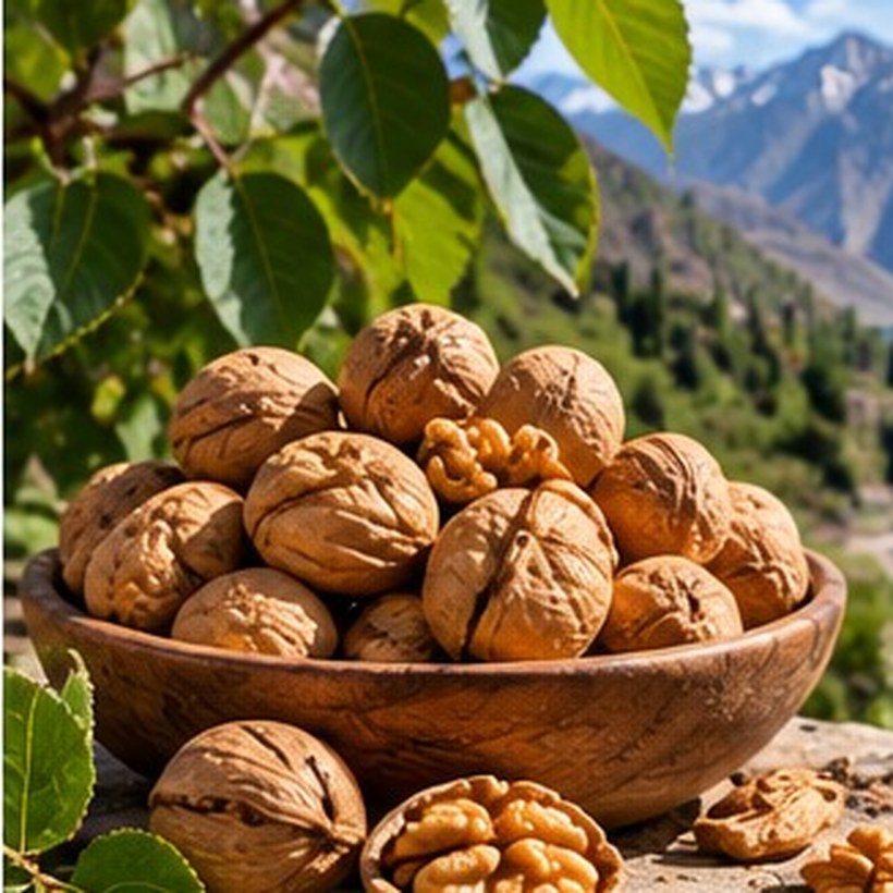 Skardu walnuts in a wooden bowl with leaves and mountains behind